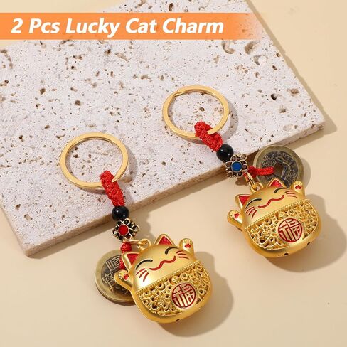 2 سلسلة مفاتيح Lucky Cat، سلسلة مفاتيح يابانية مقاس 2 بوصة للنساء والفتيات والأطفال (ذهبي) in Kuwait