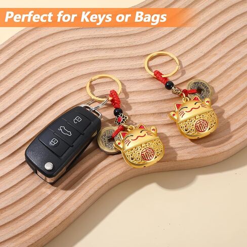 2 سلسلة مفاتيح Lucky Cat، سلسلة مفاتيح يابانية مقاس 2 بوصة للنساء والفتيات والأطفال (ذهبي) in Kuwait