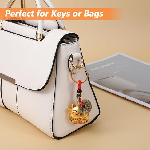 2 سلسلة مفاتيح Lucky Cat، سلسلة مفاتيح يابانية مقاس 2 بوصة للنساء والفتيات والأطفال (ذهبي) in Kuwait