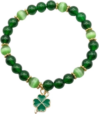 St Patrick's Day jewelry for Women, Green Glass and Cat's Eye Beaded Stretch Bracelet with Gold Tone Four Leaf Clover Charm, 8mm Beads, 7.75 Inches in Saudi Arabia