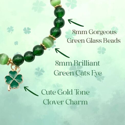 St Patrick's Day jewelry for Women, Green Glass and Cat's Eye Beaded Stretch Bracelet with Gold Tone Four Leaf Clover Charm, 8mm Beads, 7.75 Inches in Saudi Arabia