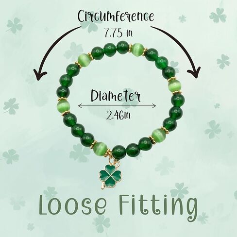 St Patrick's Day jewelry for Women, Green Glass and Cat's Eye Beaded Stretch Bracelet with Gold Tone Four Leaf Clover Charm, 8mm Beads, 7.75 Inches in Saudi Arabia