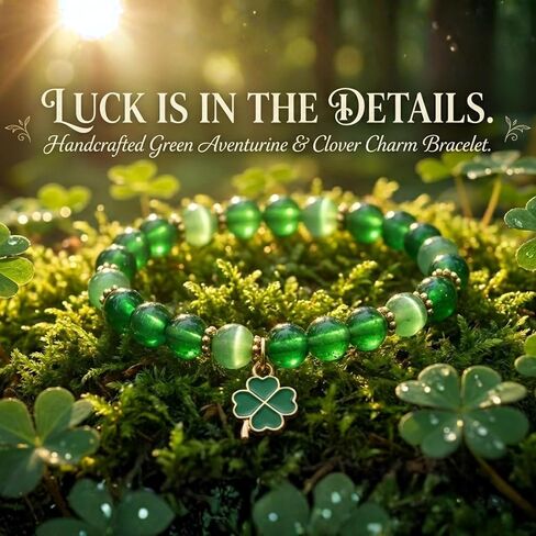 St Patrick's Day jewelry for Women, Green Glass and Cat's Eye Beaded Stretch Bracelet with Gold Tone Four Leaf Clover Charm, 8mm Beads, 7.75 Inches in Saudi Arabia