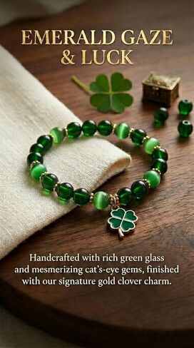 St Patrick's Day jewelry for Women, Green Glass and Cat's Eye Beaded Stretch Bracelet with Gold Tone Four Leaf Clover Charm, 8mm Beads, 7.75 Inches in Saudi Arabia