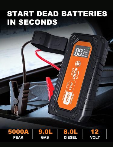 بطارية السيارة Jump Starter 5000A، تقنية شحن فائقة السرعة 45 وات PD، صندوق معزز للبطارية المحمولة 12 فولت مع كابلات توصيل LED، مصباح يدوي لعرض الغاز 9.0 لتر 8.0 لتر لمحركات الديزل in Kuwait