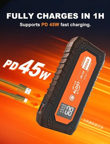 بطارية السيارة Jump Starter 5000A، تقنية شحن فائقة السرعة 45 وات PD، صندوق معزز للبطارية المحمولة 12 فولت مع كابلات توصيل LED، مصباح يدوي لعرض الغاز 9.0 لتر 8.0 لتر لمحركات الديزل in Kuwait