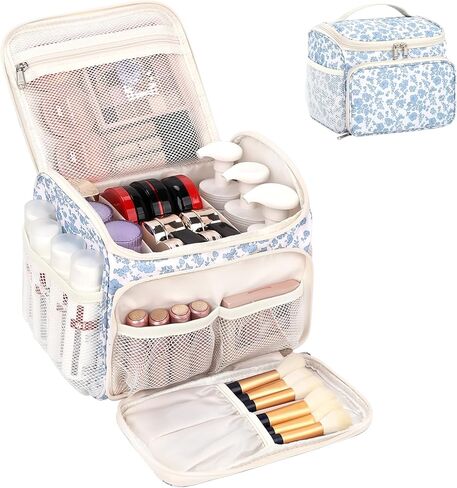 حقيبة مكياج CUBETASTIC كبيرة الحجم، حقيبة مكياج للسفر للنساء مع أقسام قابلة للإزالة وجيوب متعددة، وحقيبة مستحضرات تجميل للتخزين الرأسي وحقيبة أدوات الزينة (أزرق زهري، كبيرة) in Kuwait