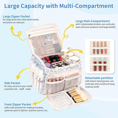 حقيبة مكياج CUBETASTIC كبيرة الحجم، حقيبة مكياج للسفر للنساء مع أقسام قابلة للإزالة وجيوب متعددة، وحقيبة مستحضرات تجميل للتخزين الرأسي وحقيبة أدوات الزينة (أزرق زهري، كبيرة) in Kuwait