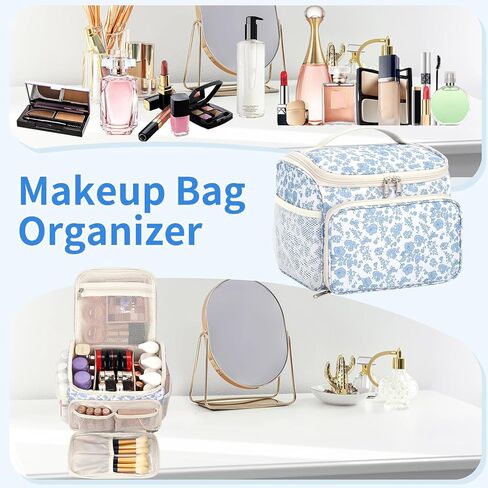 حقيبة مكياج CUBETASTIC كبيرة الحجم، حقيبة مكياج للسفر للنساء مع أقسام قابلة للإزالة وجيوب متعددة، وحقيبة مستحضرات تجميل للتخزين الرأسي وحقيبة أدوات الزينة (أزرق زهري، كبيرة) in Kuwait