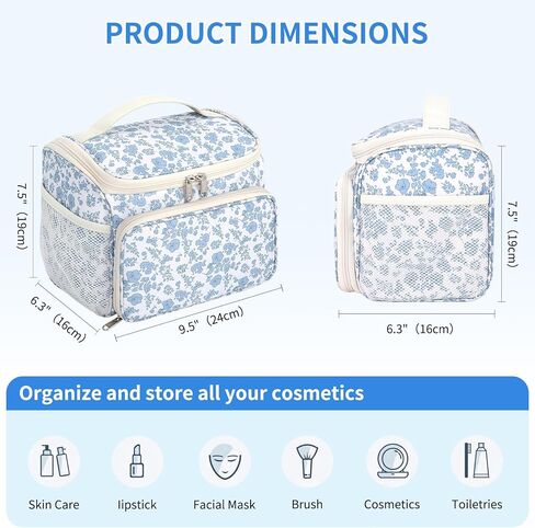 حقيبة مكياج CUBETASTIC كبيرة الحجم، حقيبة مكياج للسفر للنساء مع أقسام قابلة للإزالة وجيوب متعددة، وحقيبة مستحضرات تجميل للتخزين الرأسي وحقيبة أدوات الزينة (أزرق زهري، كبيرة) in Kuwait