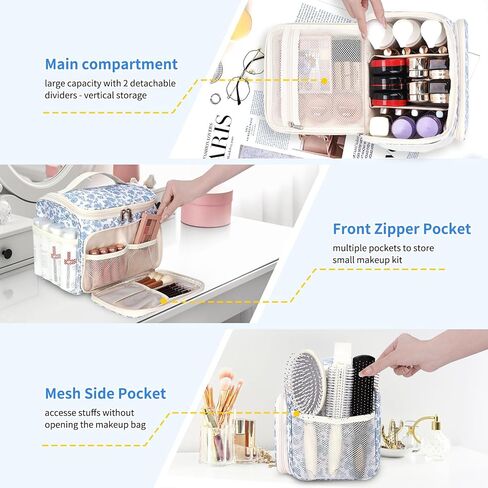 حقيبة مكياج CUBETASTIC كبيرة الحجم، حقيبة مكياج للسفر للنساء مع أقسام قابلة للإزالة وجيوب متعددة، وحقيبة مستحضرات تجميل للتخزين الرأسي وحقيبة أدوات الزينة (أزرق زهري، كبيرة) in Kuwait