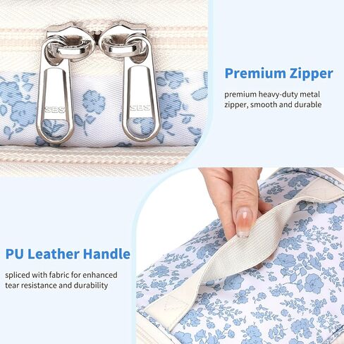 حقيبة مكياج CUBETASTIC كبيرة الحجم، حقيبة مكياج للسفر للنساء مع أقسام قابلة للإزالة وجيوب متعددة، وحقيبة مستحضرات تجميل للتخزين الرأسي وحقيبة أدوات الزينة (أزرق زهري، كبيرة) in Kuwait