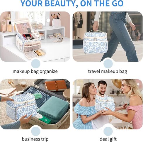 حقيبة مكياج CUBETASTIC كبيرة الحجم، حقيبة مكياج للسفر للنساء مع أقسام قابلة للإزالة وجيوب متعددة، وحقيبة مستحضرات تجميل للتخزين الرأسي وحقيبة أدوات الزينة (أزرق زهري، كبيرة) in Kuwait