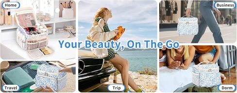 حقيبة مكياج CUBETASTIC كبيرة الحجم، حقيبة مكياج للسفر للنساء مع أقسام قابلة للإزالة وجيوب متعددة، وحقيبة مستحضرات تجميل للتخزين الرأسي وحقيبة أدوات الزينة (أزرق زهري، كبيرة) in Kuwait