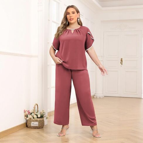 AOVDE Plus Size Pant Suits Women Half Sleeve 2 Piece Formal Office Outfit Women Wedding Guest Pantsuits Casual Daily Outfit in Saudi Arabia