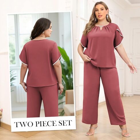 AOVDE Plus Size Pant Suits Women Half Sleeve 2 Piece Formal Office Outfit Women Wedding Guest Pantsuits Casual Daily Outfit in Saudi Arabia