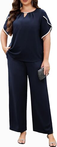 AOVDE Plus Size Pant Suits Women Half Sleeve 2 Piece Formal Office Outfit Women Wedding Guest Pantsuits Casual Daily Outfit in Saudi Arabia