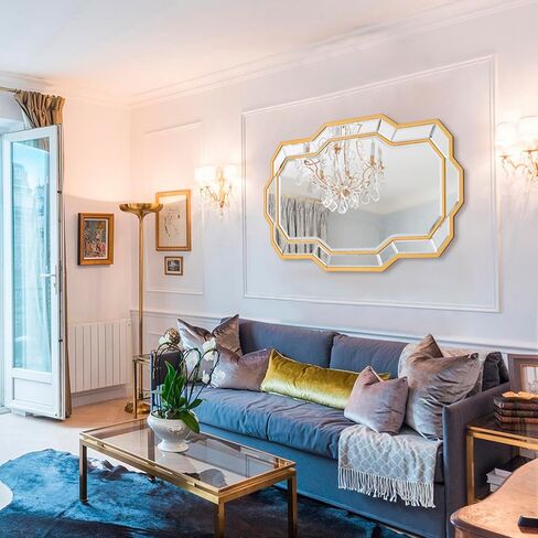 مرآة حائط مزخرفة ذهبية، مرآة غرفة معيشة كبيرة مقاس 40 بوصة × 28 بوصة مع زجاج مشطوف، مرآة عصرية للحمام والممر وغرفة النوم وغرفة الطعام in Kuwait