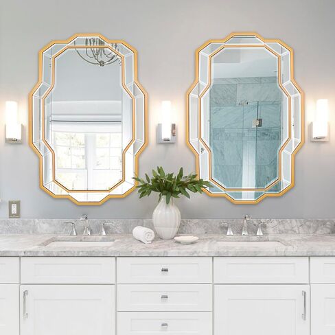 مرآة حائط مزخرفة ذهبية، مرآة غرفة معيشة كبيرة مقاس 40 بوصة × 28 بوصة مع زجاج مشطوف، مرآة عصرية للحمام والممر وغرفة النوم وغرفة الطعام in Kuwait