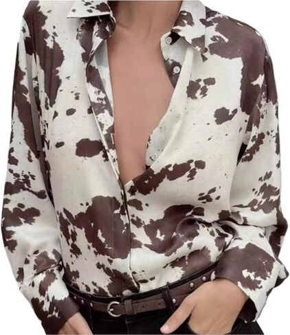 Cow Print Pattern Shirt Roll Neck Button Up Long Sleeve Trendy Vintage Western Fall Casual Streetwear Shirt in Saudi Arabia