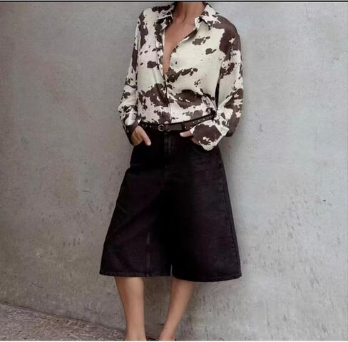 Cow Print Pattern Shirt Roll Neck Button Up Long Sleeve Trendy Vintage Western Fall Casual Streetwear Shirt in Saudi Arabia