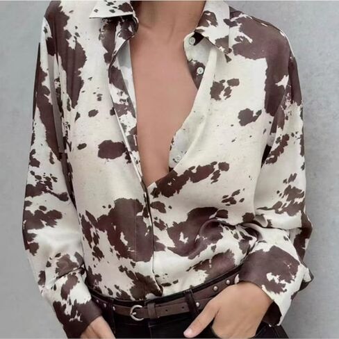 Cow Print Pattern Shirt Roll Neck Button Up Long Sleeve Trendy Vintage Western Fall Casual Streetwear Shirt in Saudi Arabia