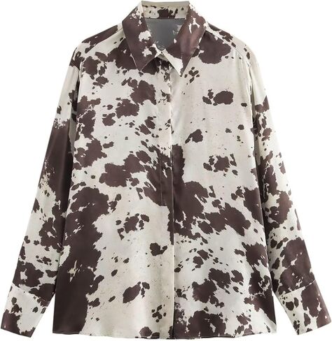 Cow Print Pattern Shirt Roll Neck Button Up Long Sleeve Trendy Vintage Western Fall Casual Streetwear Shirt in Saudi Arabia