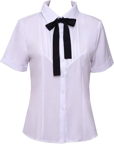 قمصان نسائية أساسية بأكمام قصيرة مصممة بأزرار للأسفل، بلوزة للمكتب، قمصان مخططة، مع ربطة عنق متحركة in Kuwait