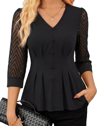 Nlife Womens V Neck Peplum Blouse with Sheer Lace 3/4 Sleeves Business Casual Work Top in Kuwait