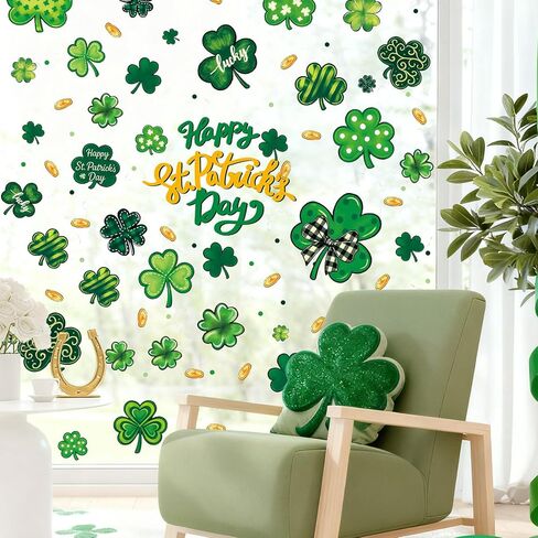 Whaline 6 أوراق نافذة يوم القديس باتريك تلتصق بنافذة ملصق Lucky Clover Shamrock عملة ذهبية قابلة لإعادة الاستخدام مضادة للتصادمات ديكور النوافذ لمستلزمات حفلات العطلات الأيرلندية in Saudi Arabia