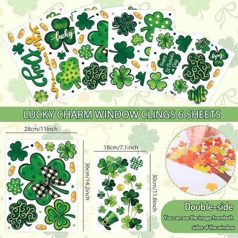 Whaline 6 أوراق نافذة يوم القديس باتريك تلتصق بنافذة ملصق Lucky Clover Shamrock عملة ذهبية قابلة لإعادة الاستخدام مضادة للتصادمات ديكور النوافذ لمستلزمات حفلات العطلات الأيرلندية in Saudi Arabia