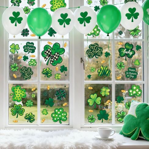 Whaline 6 أوراق نافذة يوم القديس باتريك تلتصق بنافذة ملصق Lucky Clover Shamrock عملة ذهبية قابلة لإعادة الاستخدام مضادة للتصادمات ديكور النوافذ لمستلزمات حفلات العطلات الأيرلندية in Saudi Arabia