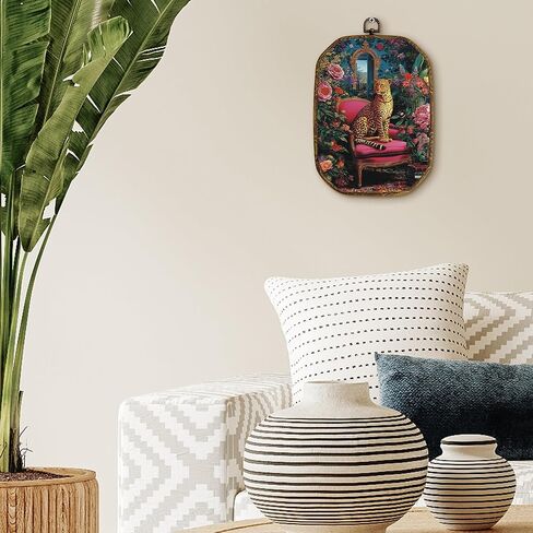 yjeslw العصرية الحد الأقصى الأزهار ليوبارد المثمن جدار الفن ديكور، الفهد انتقائي مؤطرة قماش يطبع، الاستوائية الرجعية الفهد الجدار شنقا الزينة لديكور غرفة نوم جرلي، 10.2x7 بوصة in Kuwait