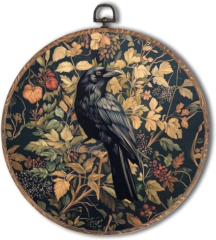 Tzhim Gothic Black Crow Round Wall Art, Dark Academia Cottagecore Black Raven Round Wall Decor Framed, Retro Floral Botanical Canvas Wall Sculptures for Home Bedroom Living Room Decor, 10x10 Inch in Saudi Arabia
