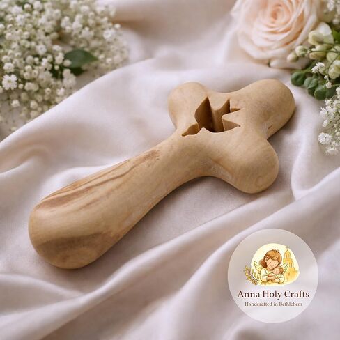 Anna Holy Crafts Original Gifts – Authentic Bethlehem Handmade Olive Wood Holy Spirit Cross with Peace Dove – 4 ", Holy Land Christian Wall or Hand Cross in Saudi Arabia