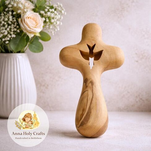 Anna Holy Crafts Original Gifts – Authentic Bethlehem Handmade Olive Wood Holy Spirit Cross with Peace Dove – 4 ", Holy Land Christian Wall or Hand Cross in Saudi Arabia