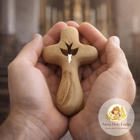 Anna Holy Crafts Original Gifts – Authentic Bethlehem Handmade Olive Wood Holy Spirit Cross with Peace Dove – 4 ", Holy Land Christian Wall or Hand Cross in Saudi Arabia