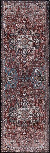 SAFAVIEH Washable Rug Tucson Collection - 2'6' x 8' Runner, Red & Blue, Slip Resistant & Easy to Clean, Ideal for Hallway, Foyer, Entryway, Bedroom (TSN138Q) in Saudi Arabia