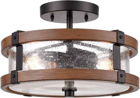 Farmhouse Ceiling Light Fixture 2-Light Hallway Ceiling Light in Black & Rustic Wood Grain Finish with Clear Seeded Glass Shade in Kuwait