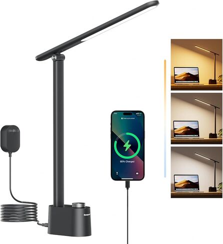 مصباح مكتب LED هانيويل - مصابيح مكتب Sunturalux للمكتب المنزلي مع منافذ شحن USB A+C، ضوء مكتب قابل للطي للعناية بالعين لطاولة غرفة النوم والقراءة بجانب السرير (أسود) in Saudi Arabia