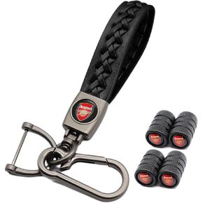 4 قطع من أغطية جذع صمام إطارات السيارة ومجموعة سلسلة مفاتيح السيارة، حلقة مفاتيح جلدية للسيارة مع مجموعة غطاء صمام إطار من الألومنيوم المؤكسد (متوافقة مع نادي أرسنال لكرة القدم) in Kuwait