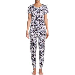 طقم بيجامة نوم نسائية من Secret Treasures باللونين الأزرق والوردي بطبعة الفهد وسروال الركض in Kuwait