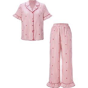 Women's Cute Heart Striped Pajama Set 2 Piece Ruffle Button Down Short Sleeve Shirt Pants Lounge Sets in Kuwait