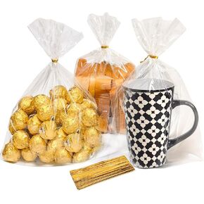 100 قطعة من أكياس علاج السيلوفان من QOIUSO: أكياس سيلوفان شفافة مقاس 5 × 11 بوصة لتغليف هدايا الحلوى والوجبات الخفيفة والبسكويت، وأكياس جودي مع 110 ربطات عنق ذهبية لهدايا عيد الهالوين وأعياد الميلاد in Kuwait