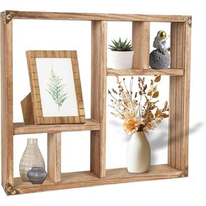 17.7x15.7-Inch Shadow Box Display Shelf，6-Slot Rustic Floating Shelves，Larger Wood Trinket Shelf Freestanding Farmhouse Curio Shelf(6C-Rustic White) in Saudi Arabia