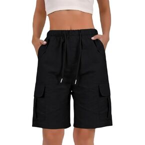 Bermuda Shorts for Women Linen Shorts Knee Length High Waisted Elastic Drawstring Summer Casual Pockets Beach Travel in Kuwait