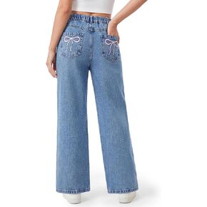 PATPAT Girls Wide Leg Jeans 5-14 Years, Baggy Bow Embroidery Mid Elastic Waist Denim Pants with Zipper Fly in Kuwait