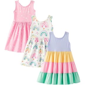 Girls’ Summer Dresses 3-Pack, Sleeveless Printed & Tiered Dresses, Soft Stretch Fabric, Ages 3-10 in Kuwait