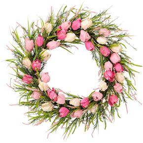 Puleo International 30 بوصة إكليل زهور التوليب الاصطناعي لباب الربيع، أخضر/وردي in Kuwait