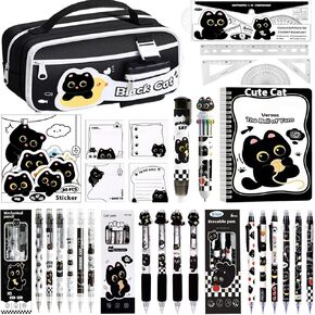 Black Cute Cat Stationery Set Cat School Supplies Including Sticky Notes,Mechanical Pencils,Eraser,Notebook,Stickers, Ruler etc Kawaii Birthday Christmas Gifts Classroom Rewards in Kuwait